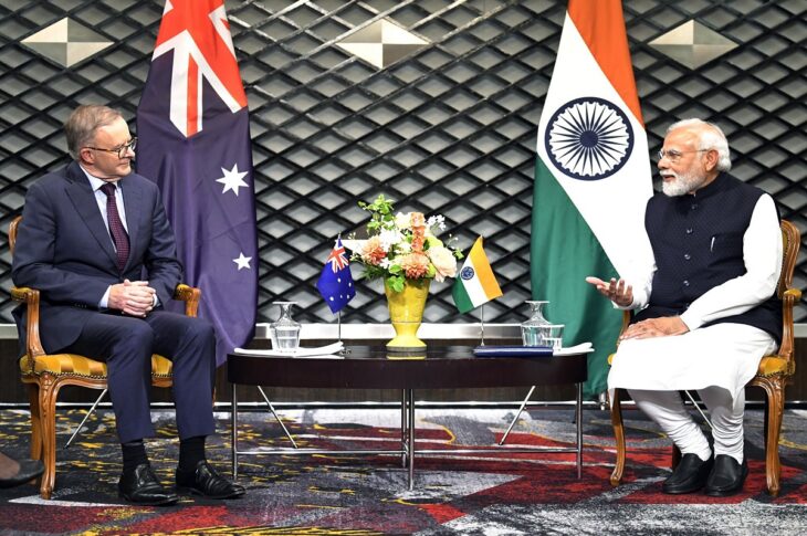 Prime Minister Narendra Modi holds a talk with Australia's Prime Minister Anthony Albanese during a meeting